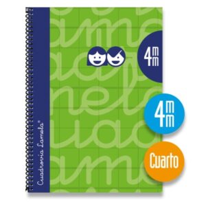 lamela cuaderno espiral con 80 hojas de 70g/m2 con margen formato cuarto pauta cuadrovia de 4mm cubierta extra dura papel offset blanco extra color verde