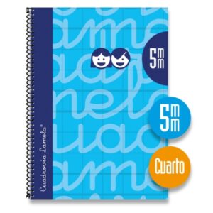 lamela cuaderno espiral con 80 hojas de 70g/m2 con margen formato cuarto pauta cuadrovia de 5mm cubierta extra dura papel offset blanco extra color azul