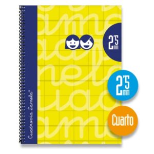lamela cuaderno espiral con 80 hojas de 70g/m2 con margen formato cuarto pauta cuadrovia de 2.5mm cubierta extra dura papel offset blanco extra color amarillo