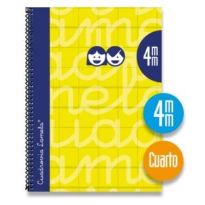 lamela cuaderno espiral con 80 hojas de 70g/m2 con margen formato cuarto pauta cuadrovia de 4mm cubierta extra dura papel offset blanco extra color amarillo