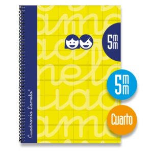 lamela cuaderno espiral con 80 hojas de 70g/m2 con margen formato cuarto pauta cuadrovia de 5mm cubierta extra dura papel offset blanco extra color amarillo