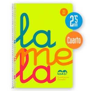 lamela cuaderno espiral con 80 hojas de 90g/m2 con margen formato cuarto pauta cuadrovia de 2.5mm cubierta extra dura papel offset blanco extra color amarillo