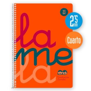 lamela cuaderno espiral con 80 hojas de 90g/m2 con margen formato cuarto pauta cuadrovia de 2.5mm cubierta extra dura papel offset blanco extra color naranja