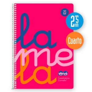 lamela cuaderno espiral con 80 hojas de 90g/m2 con margen formato cuarto pauta cuadrovia de 2.5mm cubierta extra dura papel offset blanco extra color rosa