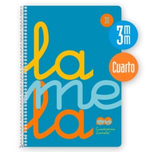 lamela cuaderno espiral con 80 hojas de 90g/m2 con margen formato cuarto pauta cuadrovia de 3mm cubierta extra dura papel offset blanco extra color azul