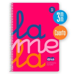 lamela cuaderno espiral con 80 hojas de 90g/m2 con margen formato cuarto pauta cuadrovia de 3mm cubierta extra dura papel offset blanco extra color rosa