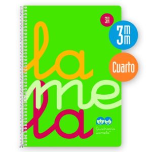 lamela cuaderno espiral con 80 hojas de 90g/m2 con margen formato cuarto pauta cuadrovia de 3mm cubierta extra dura papel offset blanco extra color verde