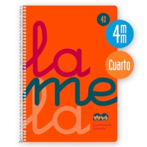 lamela cuaderno espiral con 80 hojas de 90g/m2 con margen formato cuarto pauta cuadrovia de 4mm cubierta extra dura papel offset blanco extra color naranja
