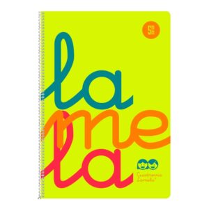 lamela cuaderno espiral con 80 hojas de 90g/m2 con margen formato cuarto pauta cuadrovia de 5mm cubierta extra dura papel offset blanco extra color amarillo