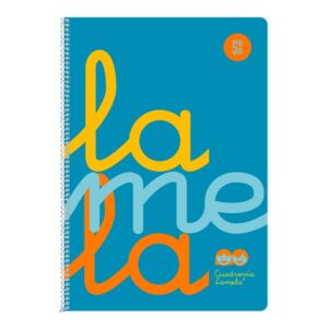 lamela cuaderno espiral con 80 hojas de 90g/m2 con margen formato cuarto pauta cuadrovia de 5mm cubierta extra dura papel offset blanco extra color azul