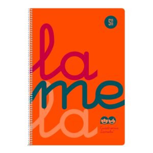 lamela cuaderno espiral con 80 hojas de 90g/m2 con margen formato cuarto pauta cuadrovia de 5mm cubierta extra dura papel offset blanco extra color naranja