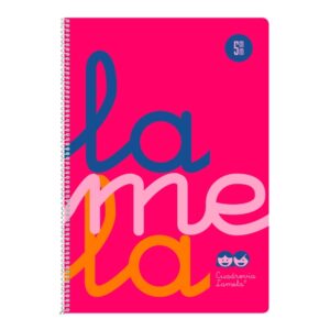 lamela cuaderno espiral con 80 hojas de 90g/m2 con margen formato cuarto pauta cuadrovia de 5mm cubierta extra dura papel offset blanco extra color rosa