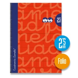 lamela cuaderno espiral con 80 hojas de 90g/m2 con margen formato folio pauta cuadrovia de 2.5mm cubierta extra dura papel offset blanco extra color rojo