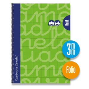 lamela cuaderno espiral con 80 hojas de 90g/m2 con margen formato folio pauta cuadrovia de 3mm cubierta extra dura papel offset blanco extra color verde