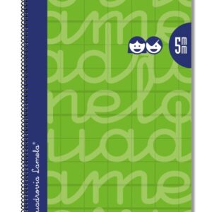 lamela cuaderno espiral con 80 hojas de 90g/m2 con margen formato folio pauta cuadrovia de 5mm cubierta extra dura papel offset blanco extra color verde