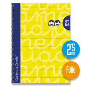 lamela cuaderno espiral con 80 hojas de 90g/m2 con margen formato folio pauta cuadrovia de 2.5mm cubierta extra dura papel offset blanco extra color amarillo