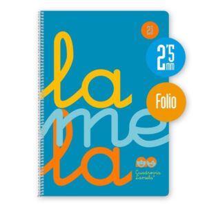 lamela cuaderno espiral con 80 hojas de 90g/m2 con margen formato folio pauta cuadrovia de 2.5mm cubierta de polipropileno papel offset blanco extra color azul fluorescente