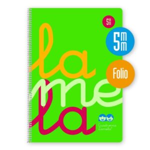 lamela cuaderno espiral con 80 hojas de 90g/m2 con margen formato folio pauta cuadrovia de 5mm cubierta de polipropileno papel offset blanco extra color verde fluorescente