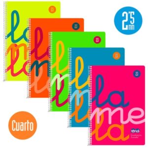 lamela pack de 5 cuadernos de espiral con 80 hojas de 90g/m2 con margen formato cuarto pauta cuadrovia de 2.5mm cubierta extra dura papel offset blanco extra colores surtidos