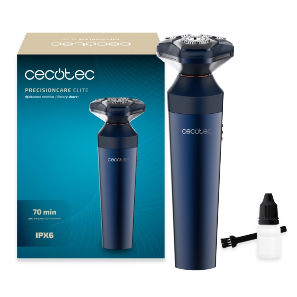 cecotec precisioncare elit afeitadora rotatoria autonomia hasta 70min 7200rpm ipx6 ergonomico cuchillas de acero inoxidable color azul marino