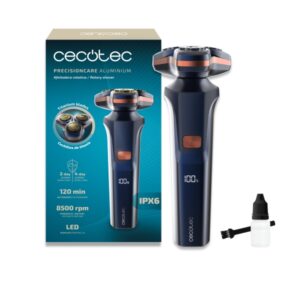 cecotec precisioncare aluminum afeitadora rotatoria autonomia hasta 2h cabezal magnetico velocidad 8500rpm pantalla led revestimiento de titanio color azul marino