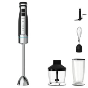 cecotec powergear 1500 xl pro batidora de mano 1500w vaso de 0.8l picadora de 0.6l velocidad ajustable incluye accesorios cuchillas recubiertas de titanio modo turbo color acero