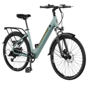 cecotec urban bicicleta electrica de 28" doble disco de freno hidraulico autonomia hasta 90km cambio shimano de 7 velocidades bateria de 36v y 12.8ah suspension delantera color menta
