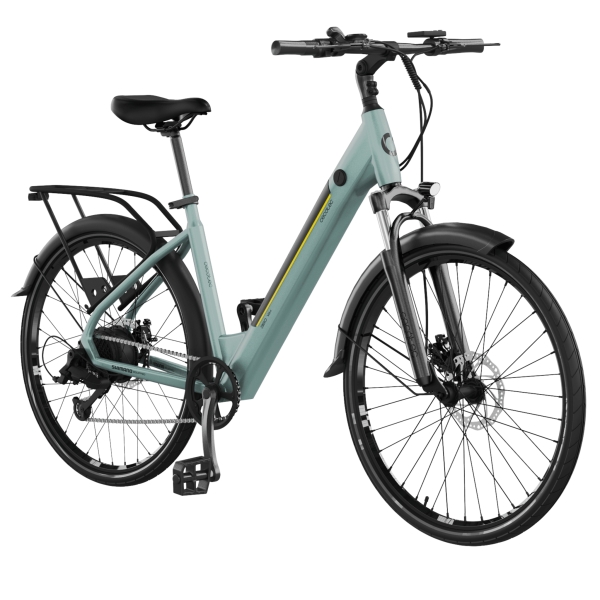 cecotec urban bicicleta electrica de 28" doble disco de freno hidraulico autonomia hasta 90km cambio shimano de 7 velocidades bateria de 36v y 12.8ah suspension delantera color menta