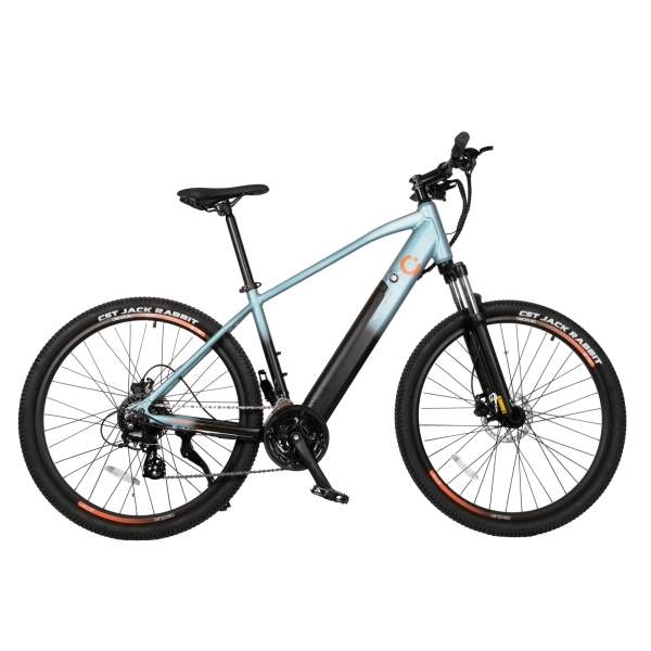 cecotec mountain ventus bicicleta electrica de 27.5" doble disco de freno hidraulico autonomia 90km cambio shimano 24 velocidades bateria 36v y 12.8ah suspension delantera color azul claro
