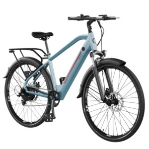cecotec urban pro bicicleta electrica de 28" doble disco de freno hidraulico autonomia 90km cambio shimano de 7 velocidades bateria de 36v y 12.8ah suspension delantera color azul claro