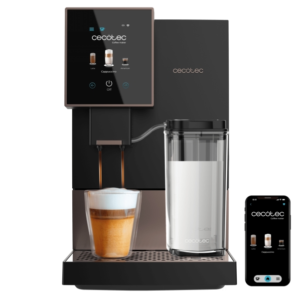 cecotec cremmaet compactccino connected black rose cafetera espresso automatica molinillo capacidad 150g de cafe presion 19bar deposito 1.1l pantalla tft wifi tanque de leche color negro