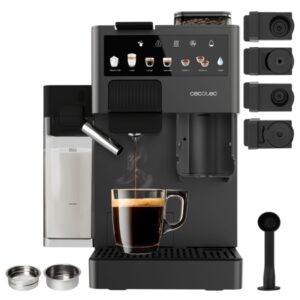 cecotec freestyle grind and latte cafetera espresso compatible con capsulas 1400w presion 20bar deposito de 1.6l capacidad 40g de cafe tanque de leche molinillo color negro