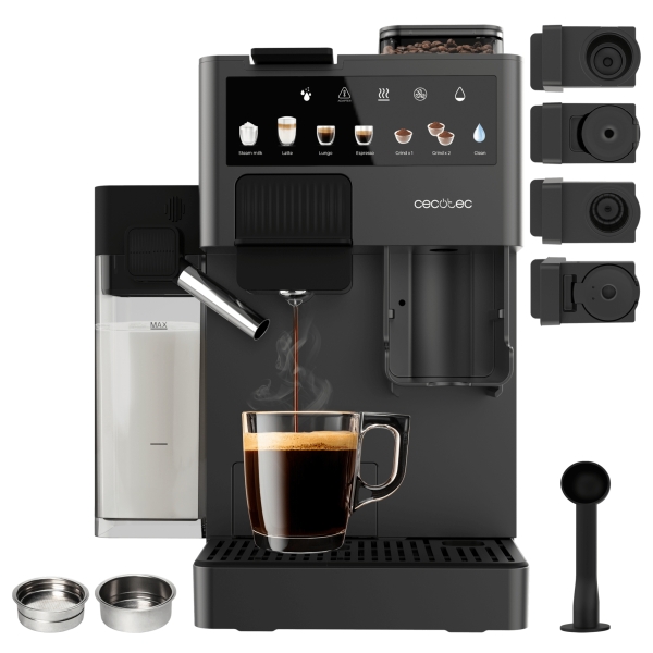 cecotec freestyle grind and latte cafetera espresso compatible con capsulas 1400w presion 20bar deposito de 1.6l capacidad 40g de cafe tanque de leche molinillo color negro