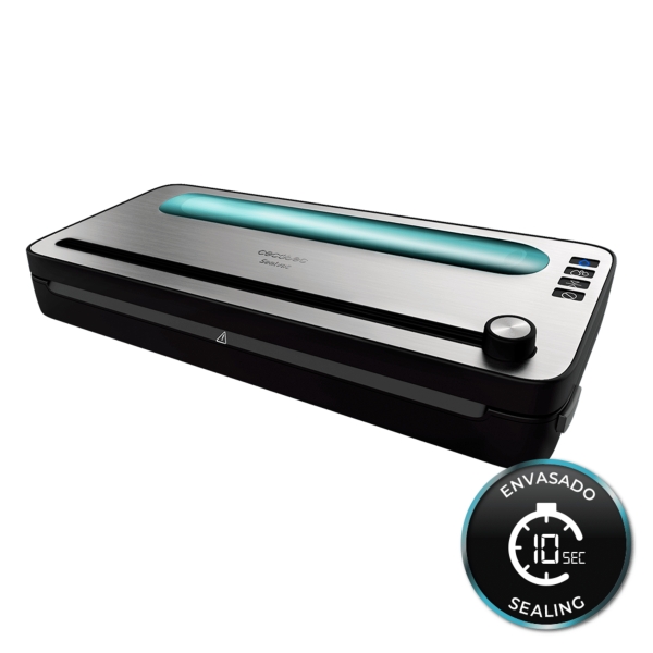 cecotec foodcare sealvac 120 steelcut envasadora al vacio presion 0.75bar 120w silencioso acero inoxidable luz led admite bolsas genericas funcion vacio para botes color negro y plateado