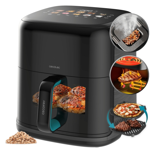 cecotec cecofry and grill smokin'prime 6500 freidora de aire con doble resistencia 2200w capacidad 6.5l temperatura regulable grill ahumador ventana de visualizacion color negro