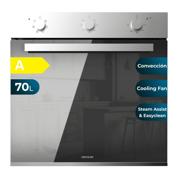 cecotec bolero hexa m236000 mirror time a horno multifuncion integrable potencia 2800w capacidad 70l puerta triple de cristal 6 funciones color negro y plateado