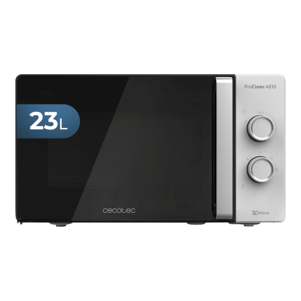 cecotec proclean 4010 microondas 700w capacidad 23l temporizador controles manuales 6 niveles de funcionamiento revestimiento facil de limpiar 49.5x35.8x28.5cm color negro y plateado