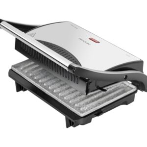 cecotec rock’ngrill parrilla electrica 700w asa tacto frio revestimento de piedra superficie 23x14.5cm hueco recogecables base antideslizante placa superior flotante color negro y plateado
