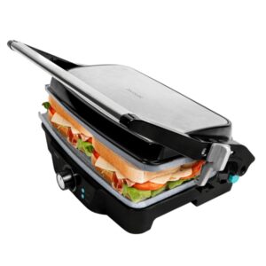 cecotec rock’ngrill 1500 stone ceramic mix and grill parrilla electrica potencia 1500w apertura 180º revestimento de ceramica libre de ptfe y pfoa base antideslizante color negro y plateado