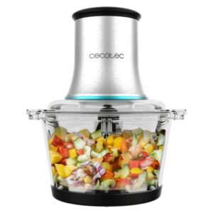 cecotec chopbeat 2000 vindaloo glass picadora electrica potencia 500w capacidad 500g cuchillas de acero inoxidable apto lavavajillas base antideslizante 2 velocidades color negro y plateado