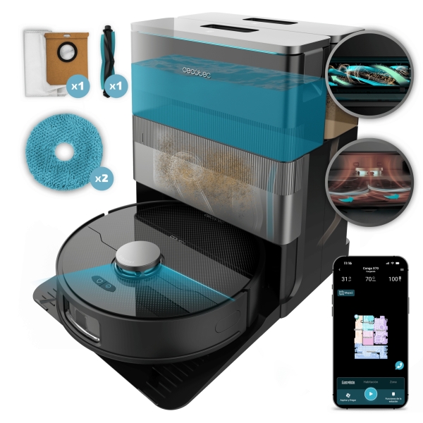 cecotec conga x70 robot aspirador con base de autovaciado 4 en 1 control con app bluetooth autonomia hasta 240min succion 15kpa inteligencia artificial laser wifi color negro