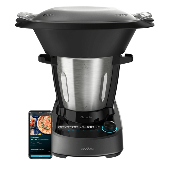 cecotec mambo 11090 robot de cocina bascula jarra de acero inoxidable 3.3l control por app velocidad ajustable recetario apto para lavavajillas funcion autolimpieza color negro y plateado