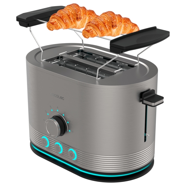 cecotec shine and toast double tostadora doble potencia 850w ranura ancha acabados en acero inoxidable 7 niveles de tostado autocentrado calienta panecillos color gris