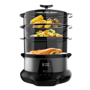 cecotec vapovita 3000 pro vaporera potencia 1000w capacidad 1l acero inoxidable apto para lavavajillas temporizador pantalla digital color gris oscuro