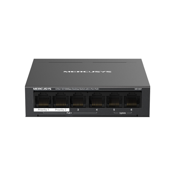 mercusys ms106p swtich 6 puertos rj45 10/100mbps 4 puertos poe+ color negro