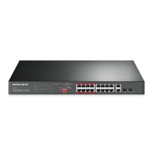 mercusys ms118cp swtich 18 puertos rj45 16 puertos 10/100mbps poe+ 2 puertos gigabit hasta 250 metros de alcance color negro