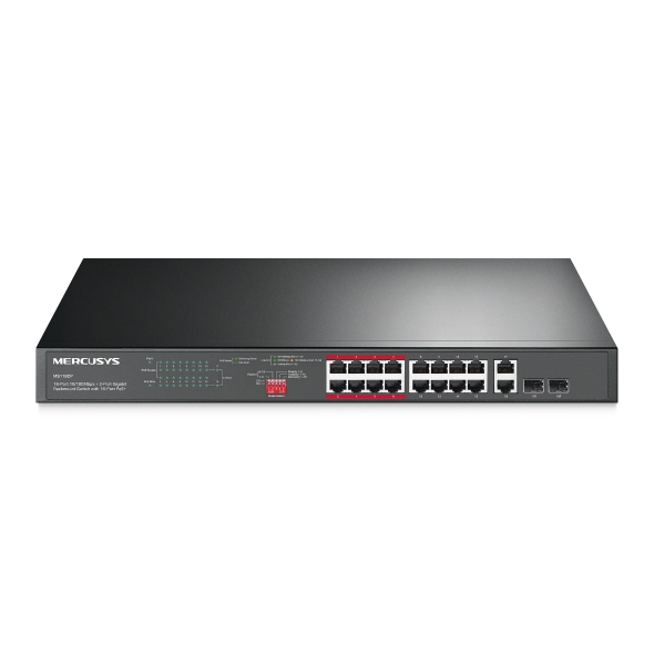 mercusys ms118cp swtich 18 puertos rj45 16 puertos 10/100mbps poe+ 2 puertos gigabit hasta 250 metros de alcance color negro