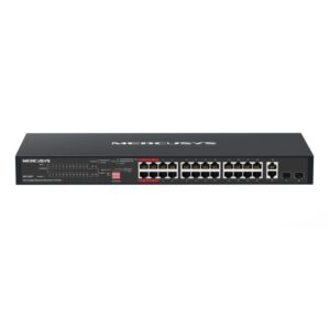 mercusys ms128gp switch 28 puertos gigabit rj45 10/100/1000mbps 24 puertos poe+ plug & play montaje en esctritorio o rack color negro