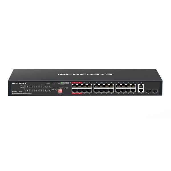 mercusys ms128gp switch 28 puertos gigabit rj45 10/100/1000mbps 24 puertos poe+ plug & play montaje en esctritorio o rack color negro