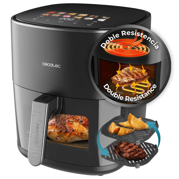 cecotec cecofry and grill duoheat 6500 freidora de aire 2200w capacidad 6.5l temperatura regulable hasta 200ºc doble resistencia ventana de visualizacion color negro